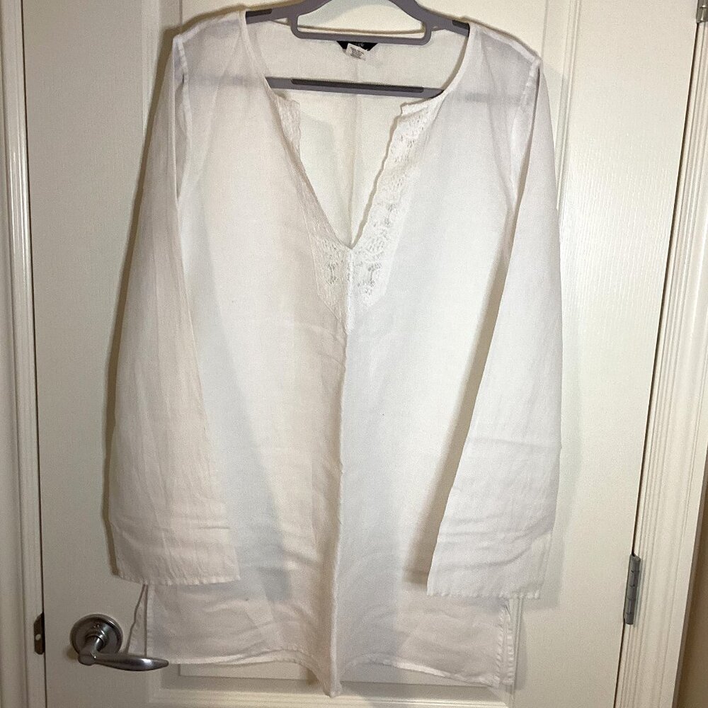 J.Crew Women's White Linen / Cotton Long Sleeve Tunic V-Neck Size M Semi Sheer